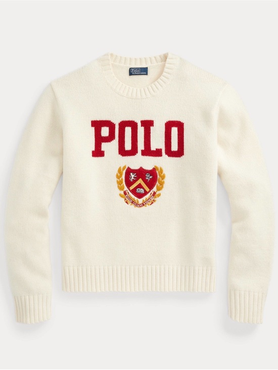 Polo Ralph Lauren Sweaters - Polo by Ralph Lauren Cream Crewneck Sweater with Red 'POLO' and Gold Crest